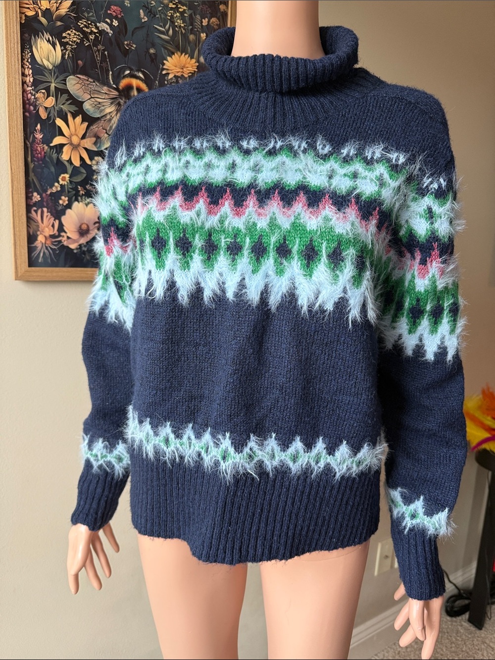 Navy Fair Isle Turtleneck Sweater with Green & Pink Accents
